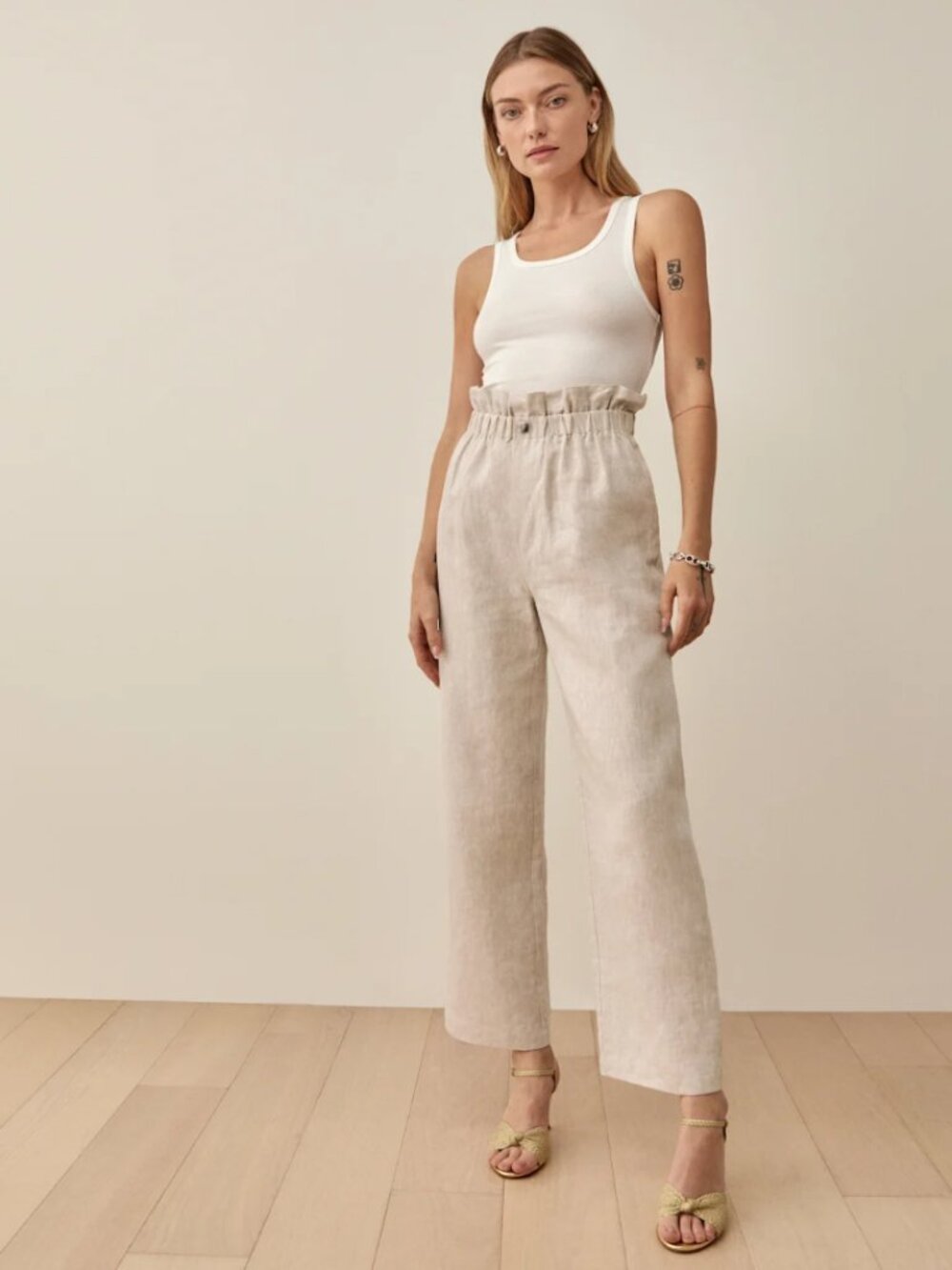 NWT Reformation Finn Linen Pants Oatmeal Beige High Rise Paperbag Wide Leg (4)
